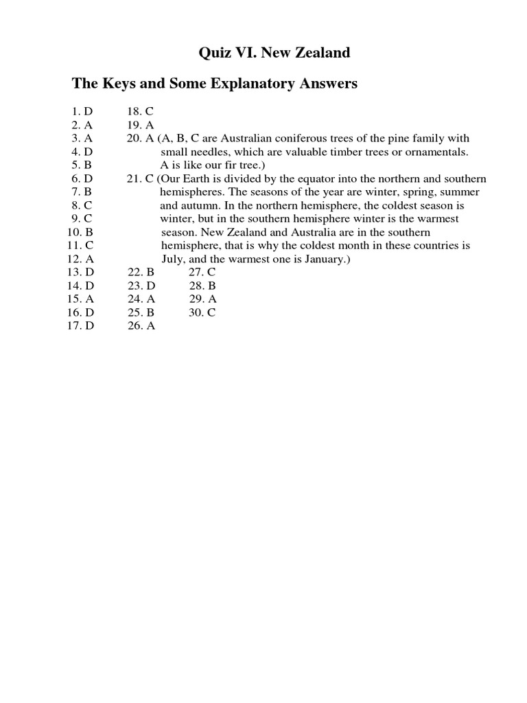 Quiz VI. New Zealand The Keys and Some Explanatory Answers | PDF ...