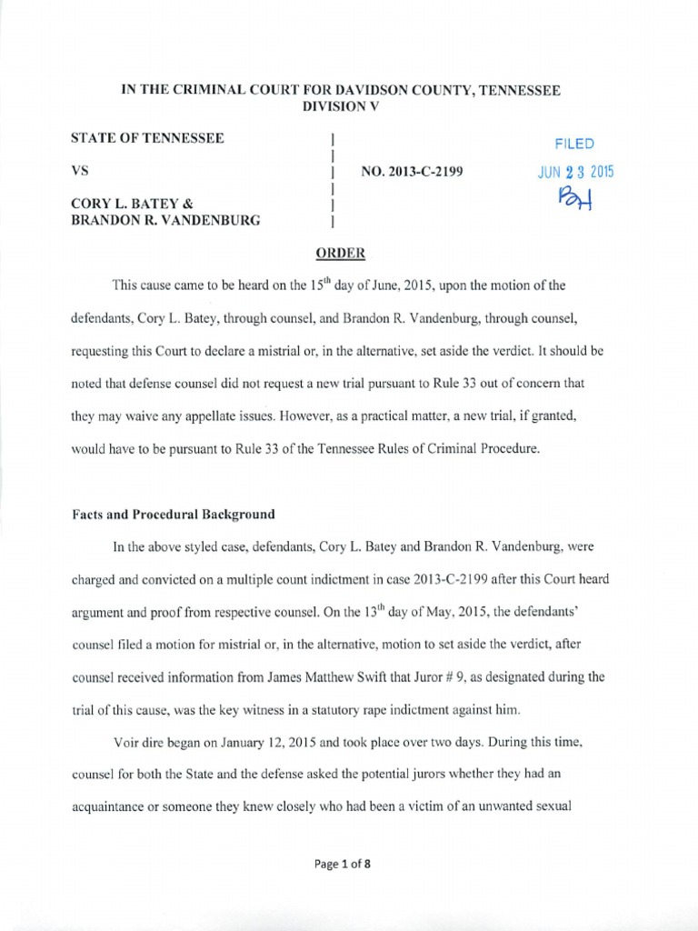 Vanderbilt Rape Case Mistrial Order | PDF