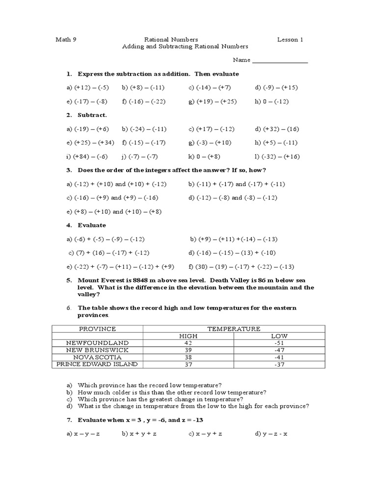 Adding and Subtracting Rational Numbers | PDF | Mountains | Arithmetic