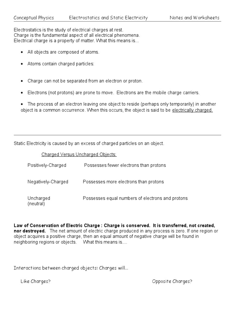 Worksheets Electrostatics Worksheet chapter 22 notes and worksheets electric charge electrostatics