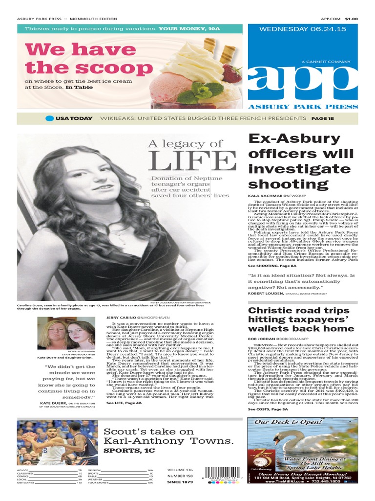 Asbury Park Press front page Wednesday, June 24 2015 Police Crimes