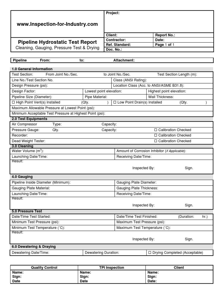 Pipeline Hydrostatic Test Quality Control and Inspection Report For Hydrostatic Pressure Test Report Template
