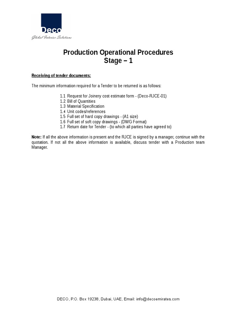 DECO - Production Procedures - Stage - 1 | PDF
