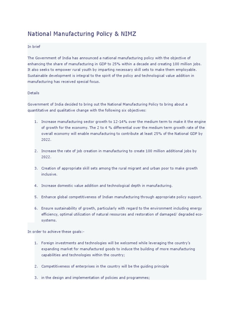 National Manufacturing Policy Overview | PDF | Economic Growth | Small ...