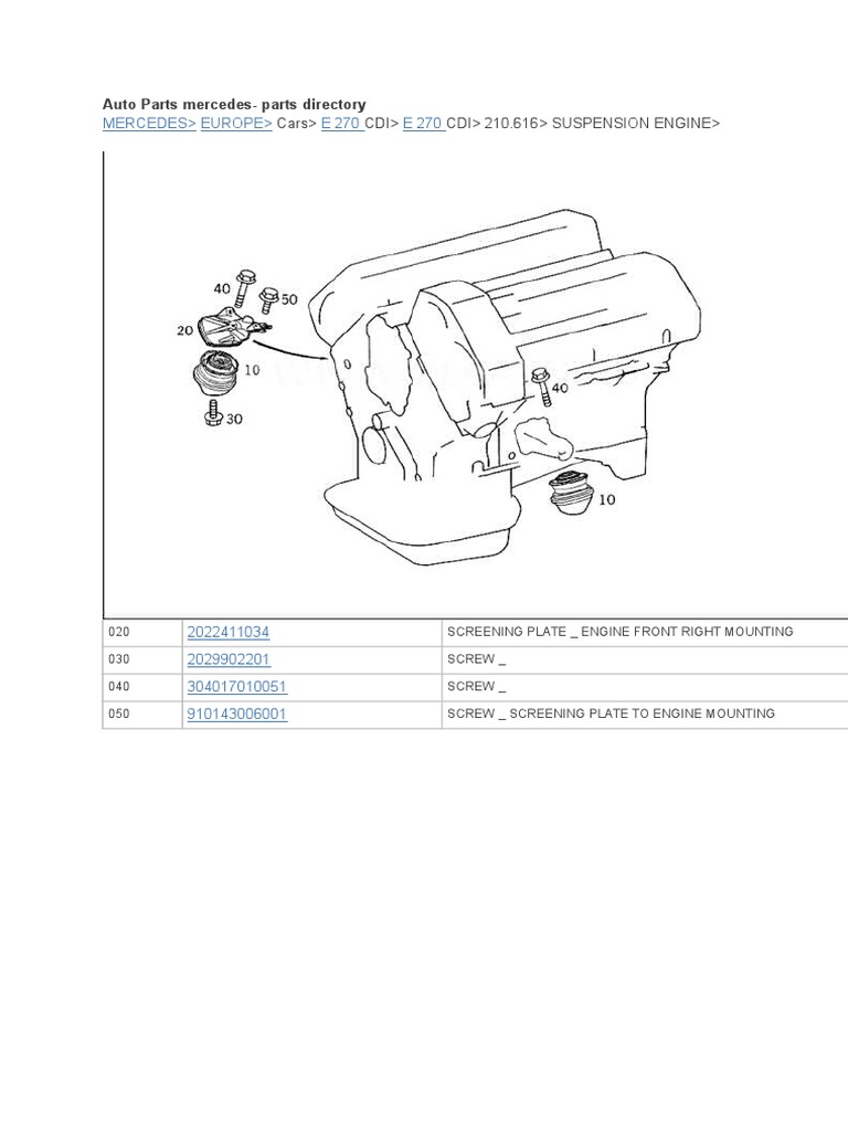 Mercedes E 270 CDI auto parts directory PDF