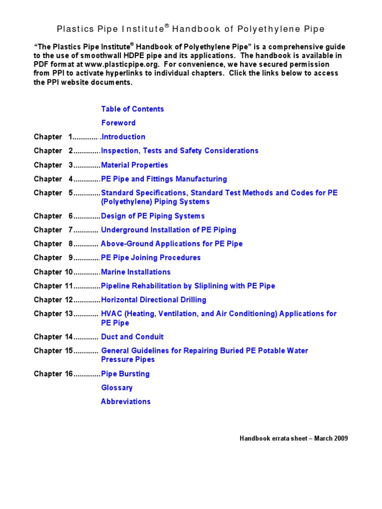 Plastics Pipe Institute Handbook of Polyethylene Pipe Handbook Errata Sheet March 2009 PDF