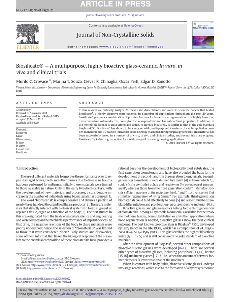Journal of NonCrystalline Solids Tissue Engineering Glasses