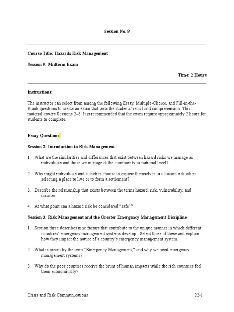 Midterm Exam: Hazards Risk Management | PDF | Emergency Management ...