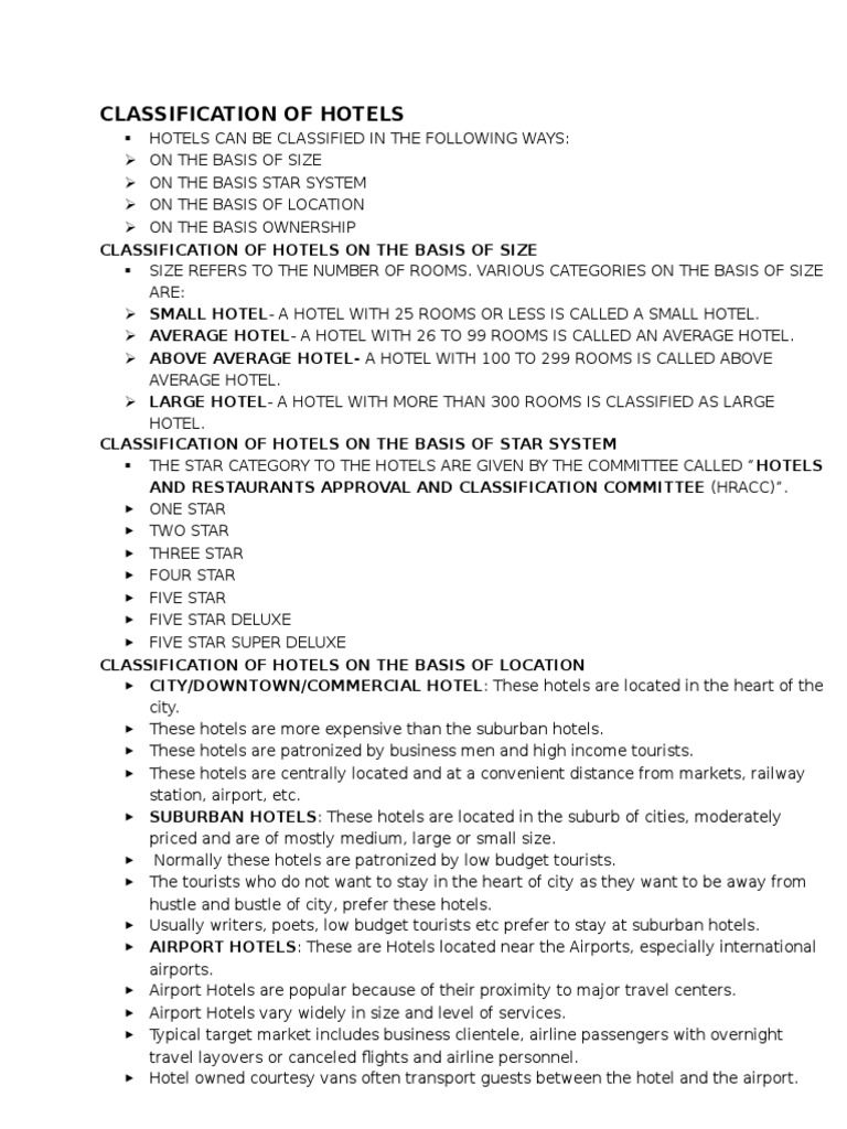 Classification of Hotels Hotel Motel