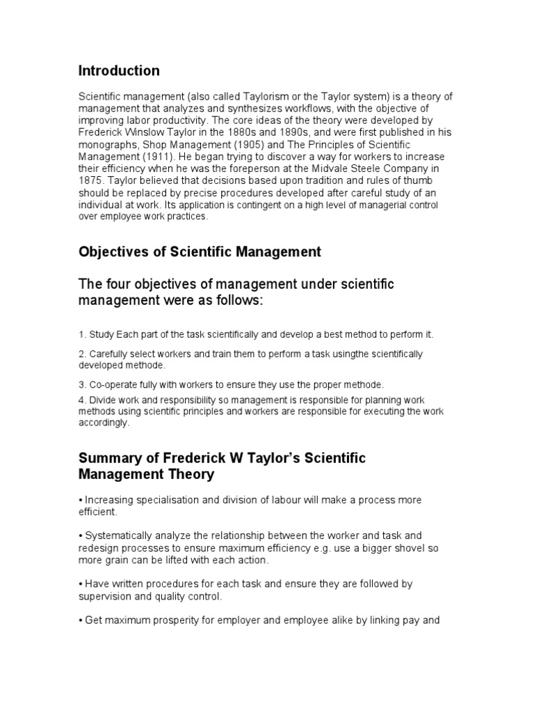 The principles of scientific management Summary