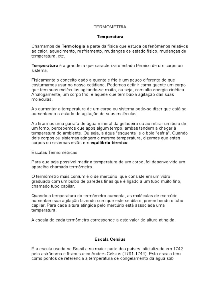 Termometria e Calor: Conceitos e Escalas | PDF | Expansão térmica | Calor