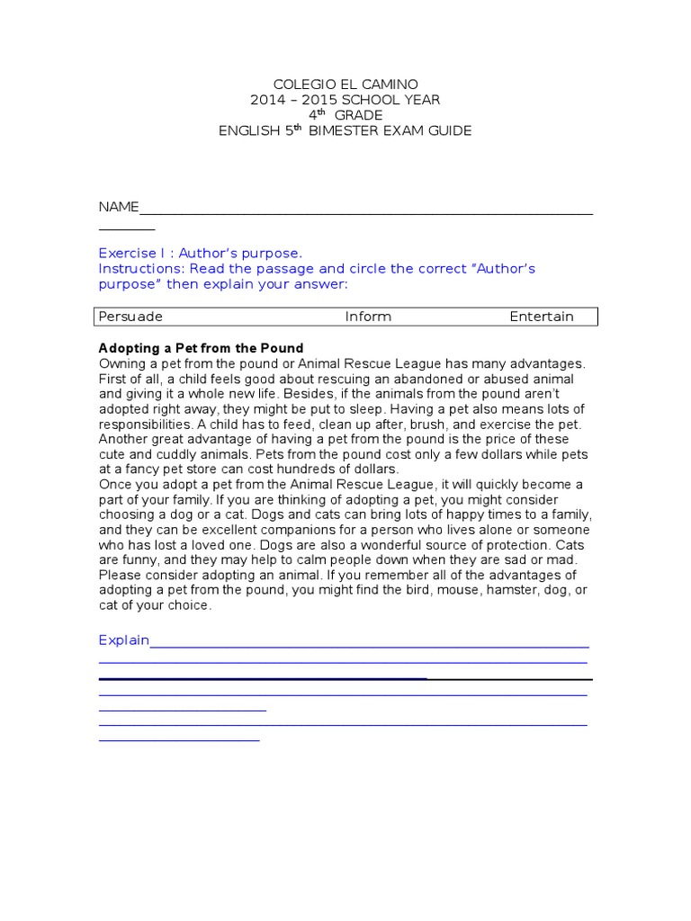 4th Grade English Exam Guide 2014-2015 | PDF | Pet | Linguistic Typology