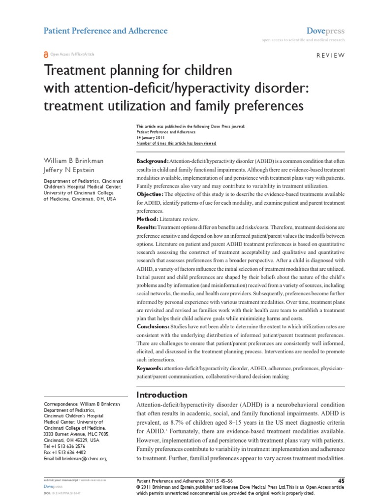 Sample Treatment Plan For Adhd Child