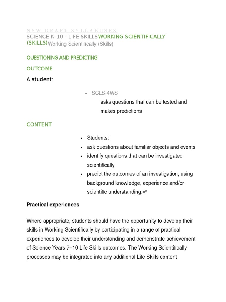 Science K 10 Life Skills Working Scientifically Skills Pdf