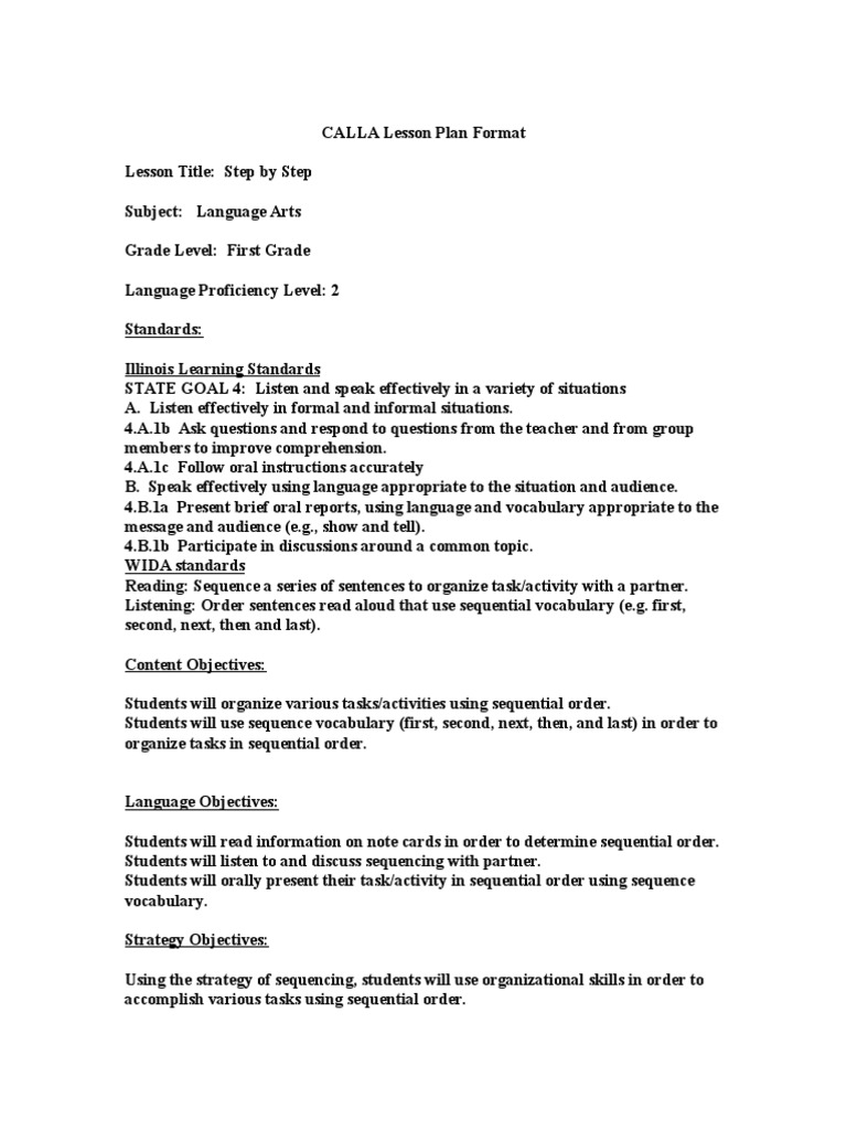 CALLA Lesson Plan: Sequencing Skills | PDF | Lesson Plan | Reading ...