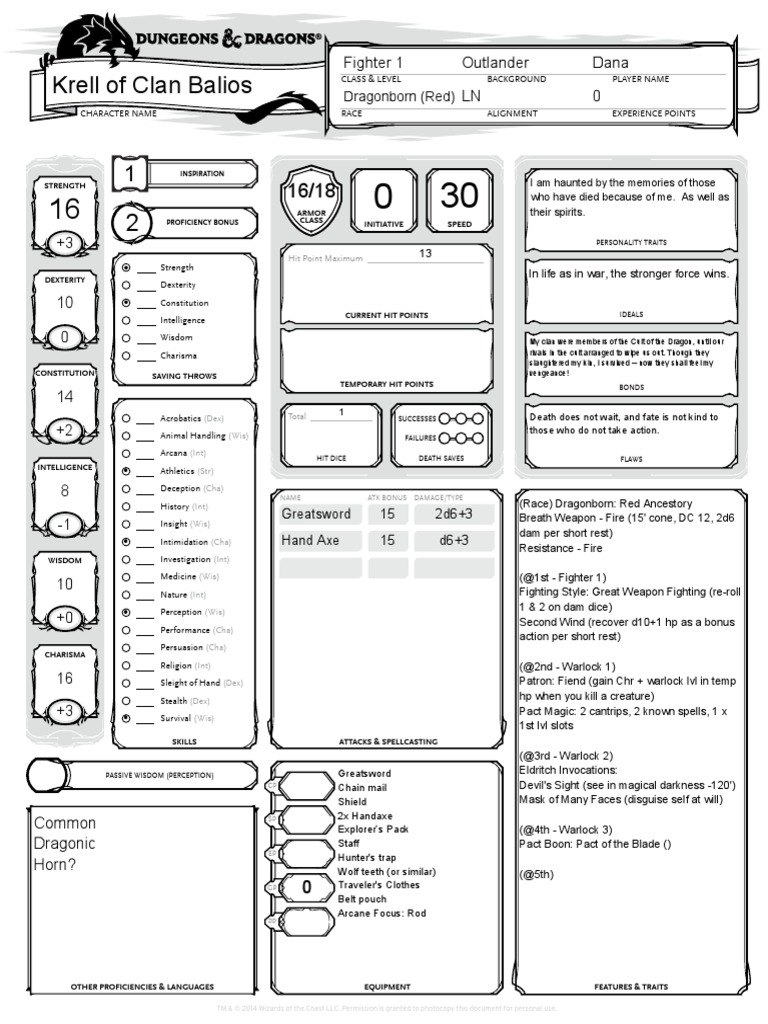 d and d character sheet on Krell Fighter Warlock Character Sheet V1 Gaming Dungeons Dragons