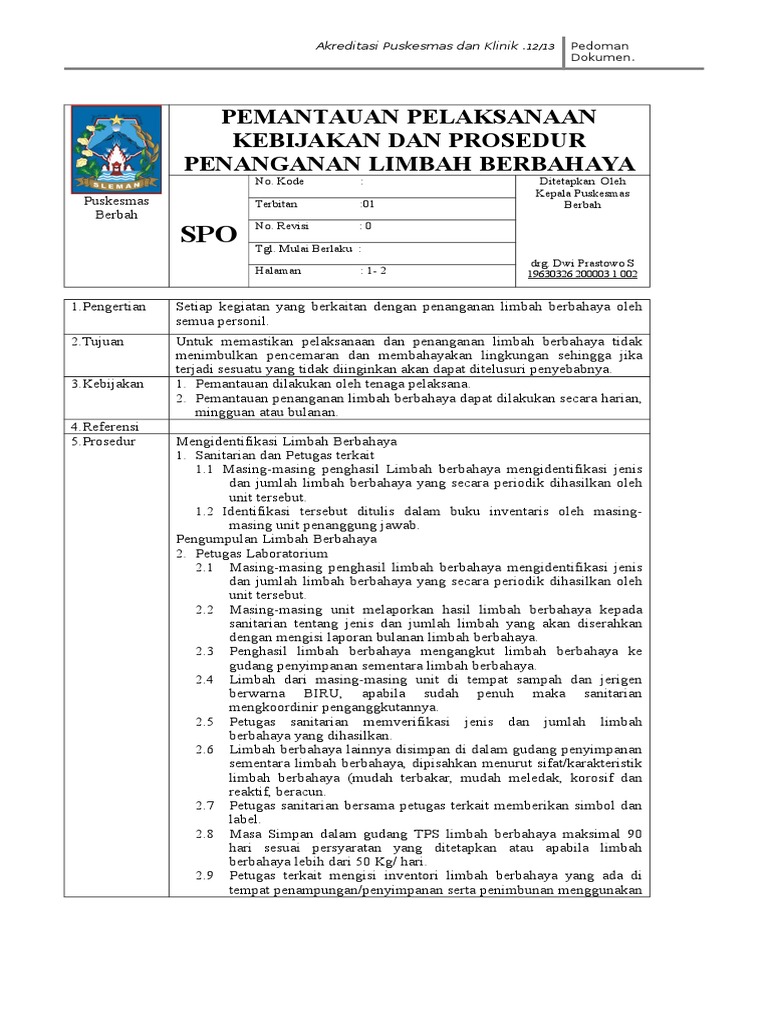 SPO Pemantauan Pelaksanaan Penanganan Limbah Berbahaya