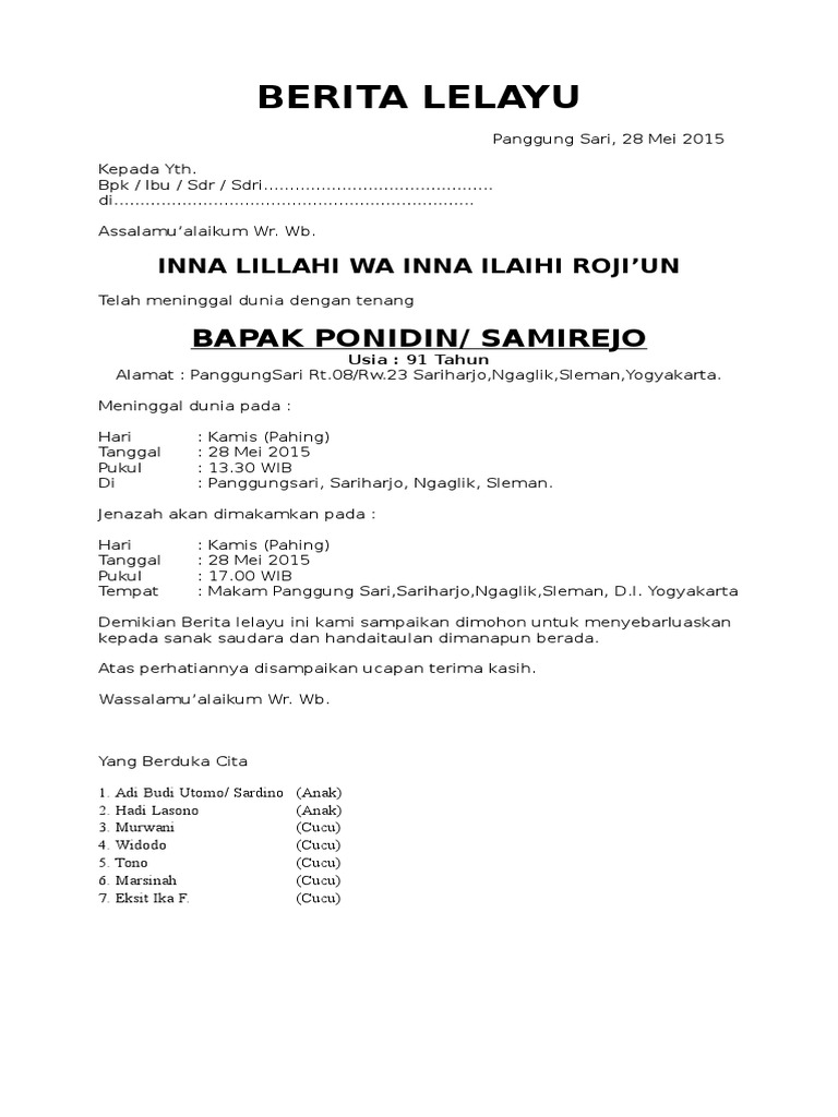 Format Berita Lelayu Bahasa Indonesia