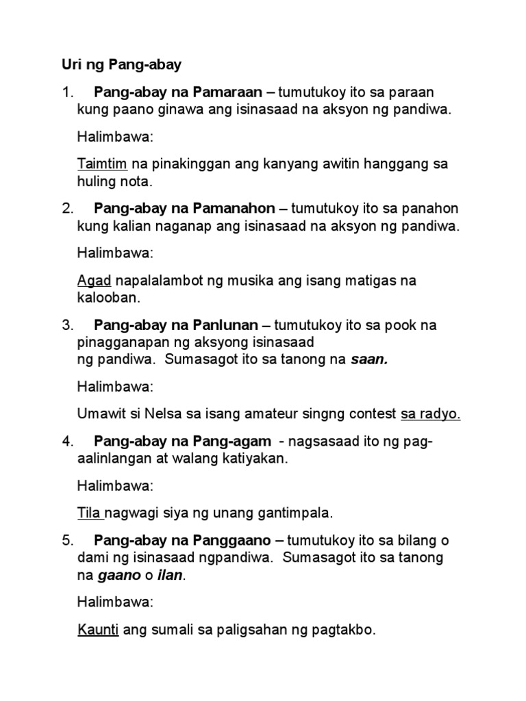 Pang Abay Panang Ayon Halimbawa - ayon panloob