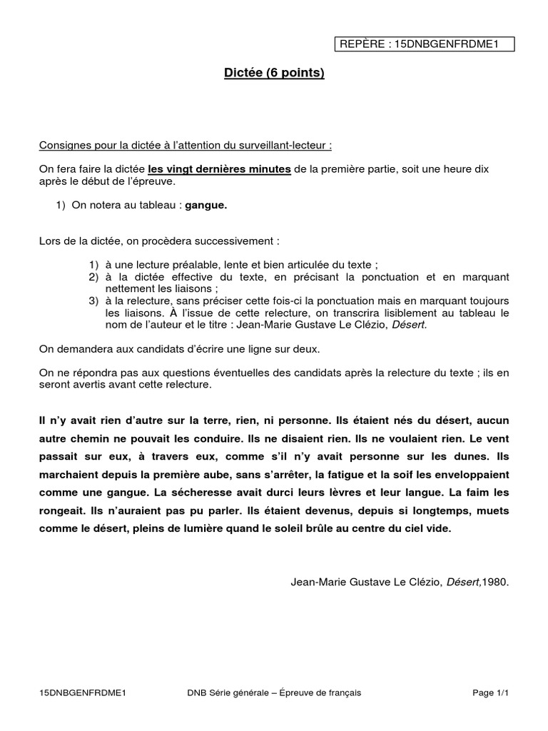Dictée Aménagée Brevet Avec Correction Brevet National 2015 - Français (dictée)