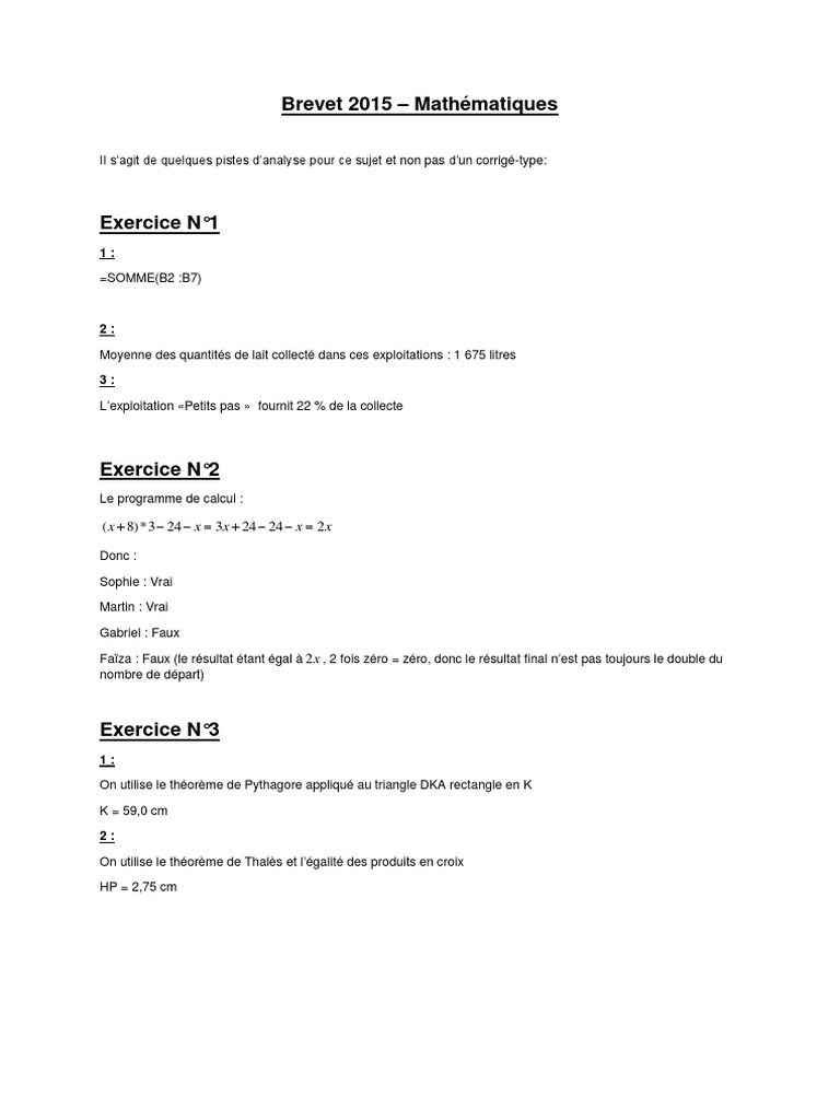 Sujet De Brevet Maths Avec Corrigé Brevet 2015: Corrigé de Maths | PDF