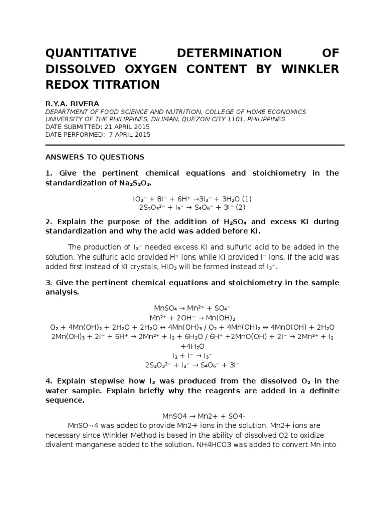 Redox titration winkler method for dissolved oxygen determination essay 08 image