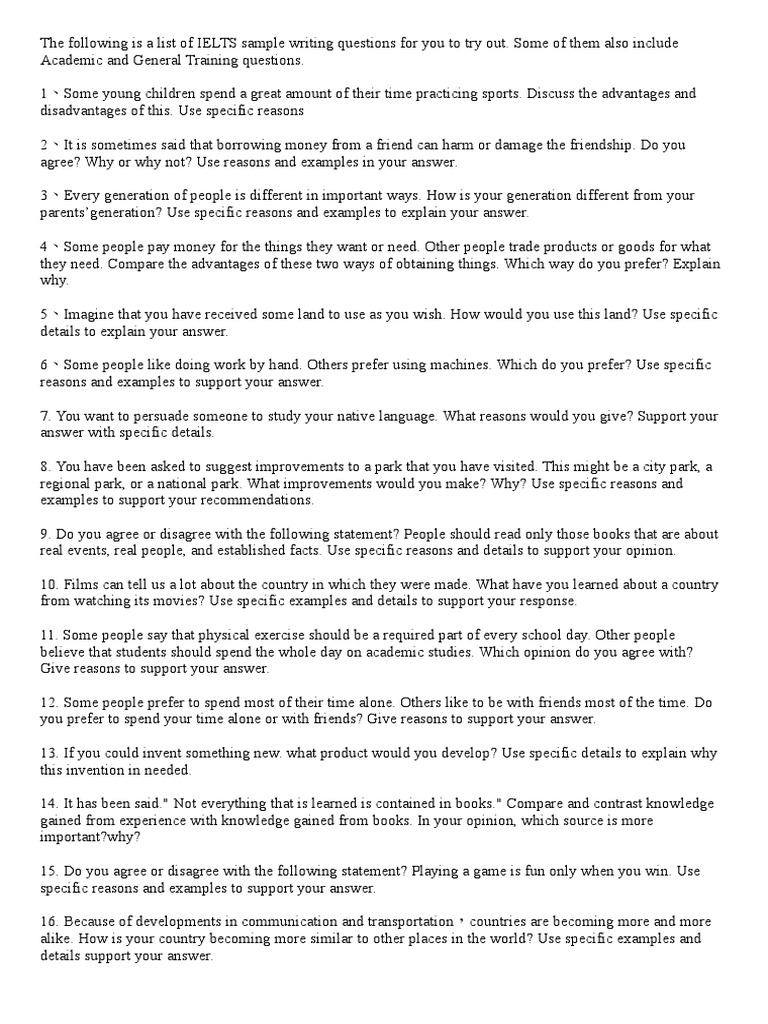 IELTS Sample Writing Questions List | PDF | International English ...