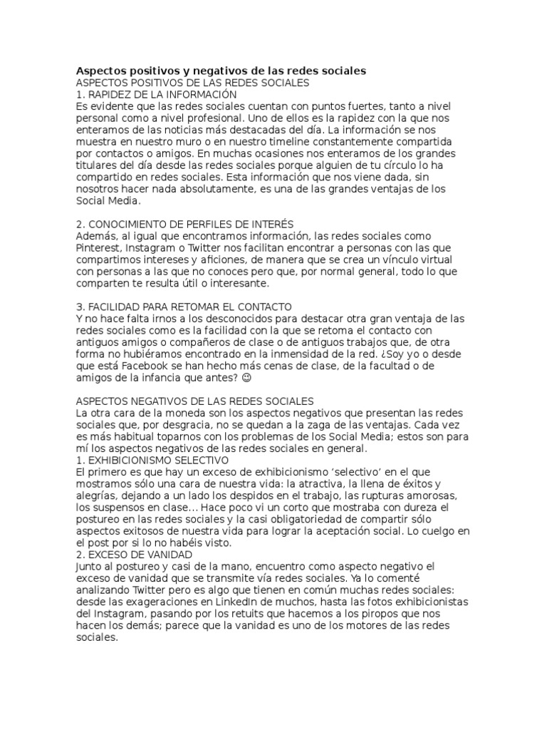 Aspectos Positivos y Negativos de Las Redes Sociales | PDF | Servicio ...