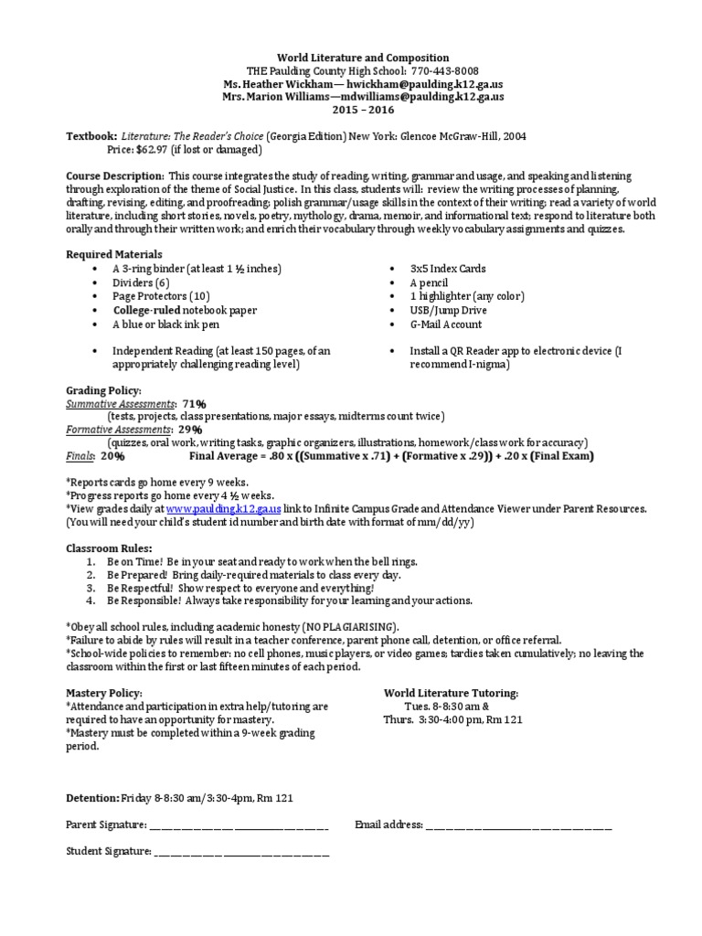 World Literature Syllabus 15 16 PDF English Language Reason