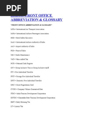 Abbreviations of Hotel Front Office