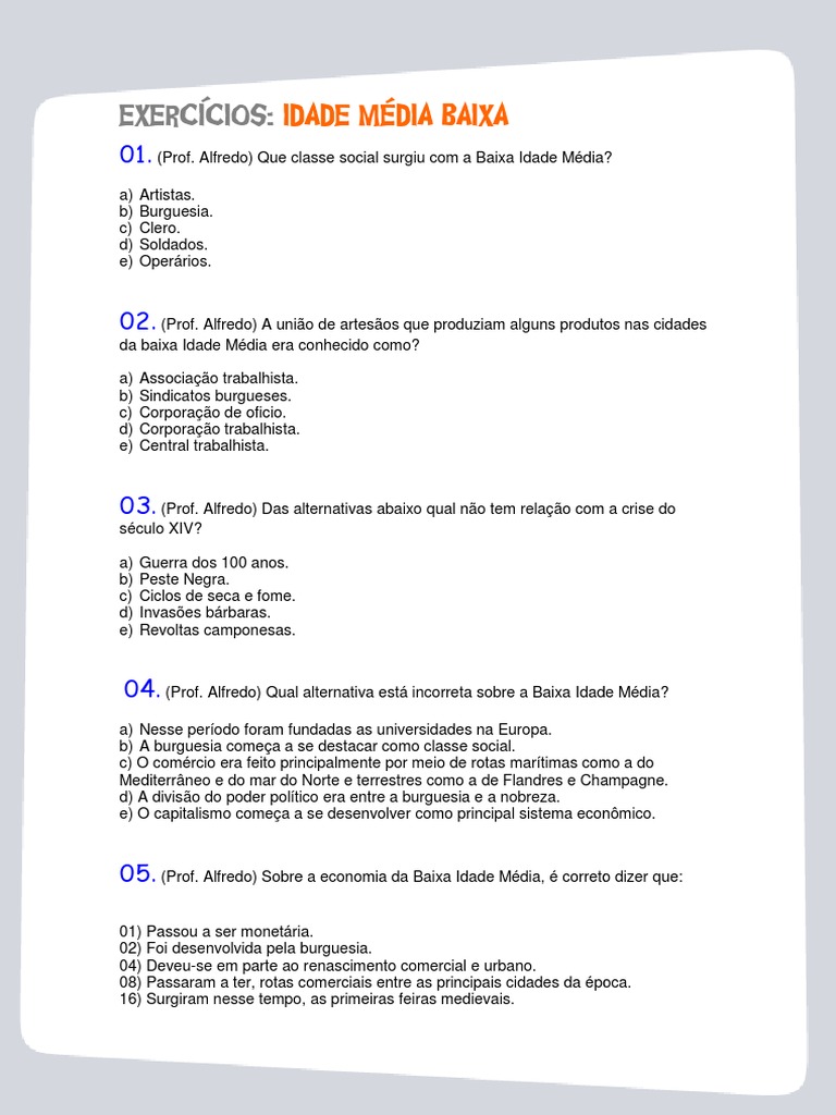 Exercícios sobre a Baixa Idade Média | PDF | Burguesia | Alta Idade Média