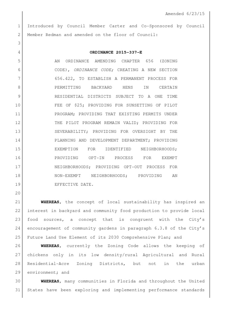 2015337E Final Language With Amendments PDF Chicken Zoning