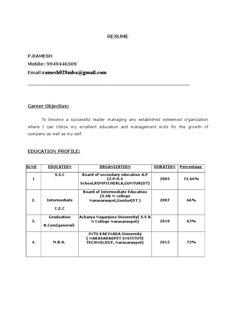 Resume of P. Ramesh - MBA Graduate | PDF