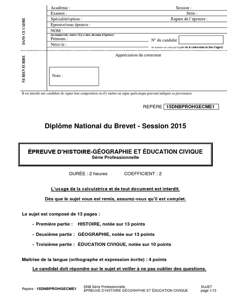 Brevet Blanc Histoire Pdf Brevet 2015 - Histoire-Géo (Pro) | PDF