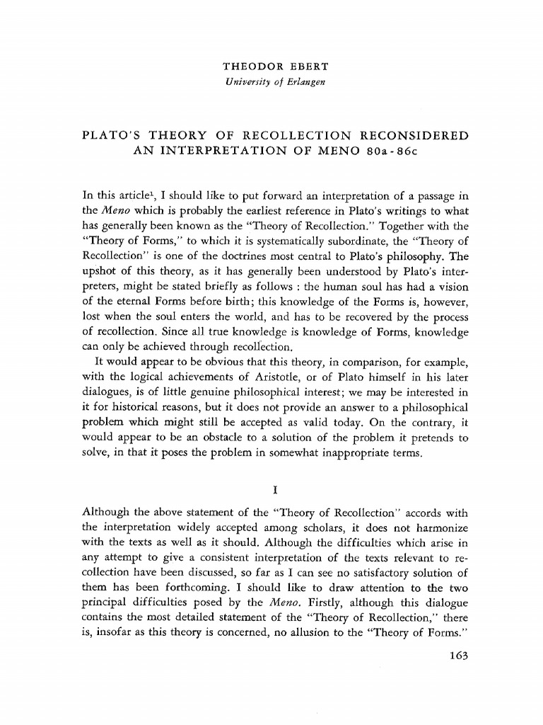 Ebert, Plato's Theory of Recollection. Meno 80a86c Plato Socrates