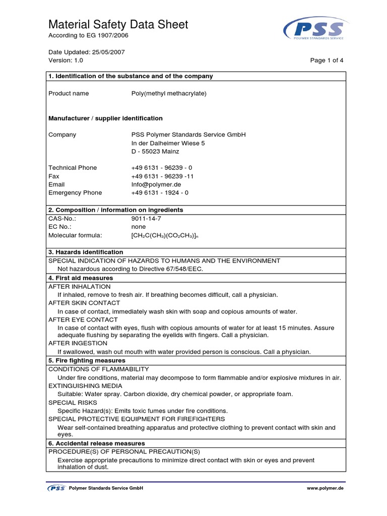 MSDS Poly Methyl Methacrylate (MSDS 2) PDF Materials Chemical