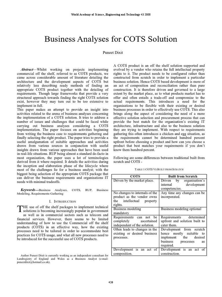Business Analysis For Cots Solution PDF Use Case Business Analysis