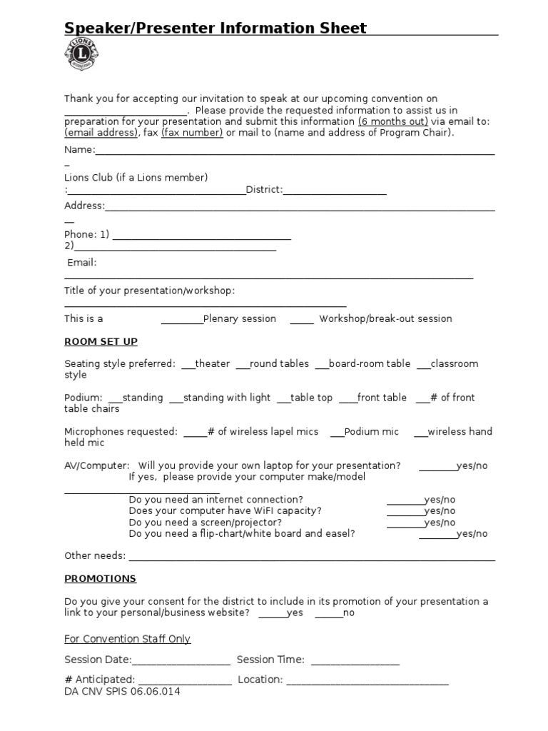 Speaker Information Form for Convention | PDF | Career & Growth