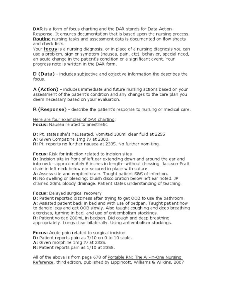 DAR is a Form of Focus Charting | Pain | Surgery