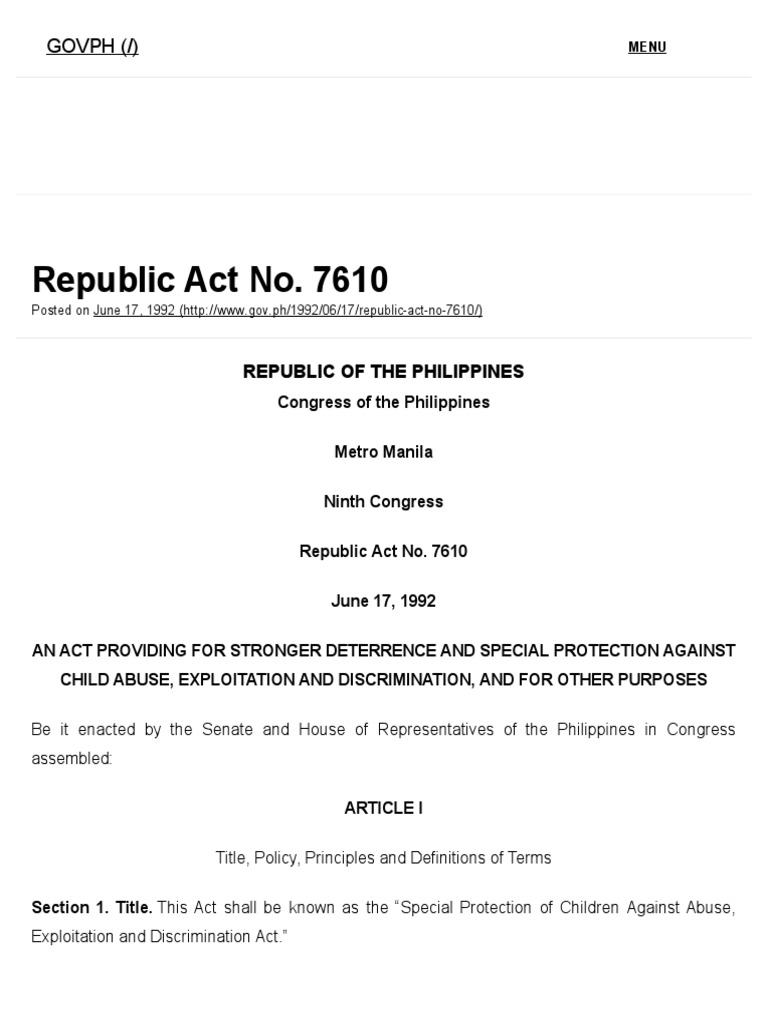 RA 7610 Special Protection of Children Against Abuse, Exploitation and
