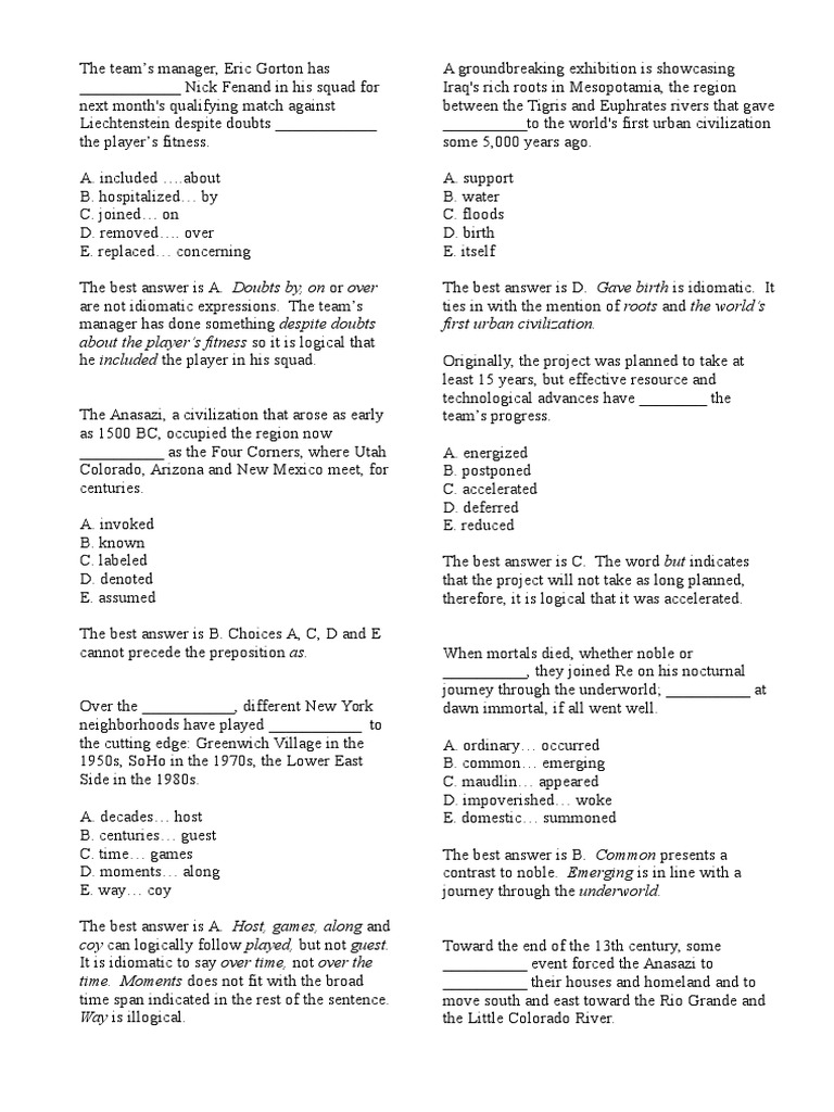 Sentence Completion Questions Practice | PDF | Language Arts & Discipline