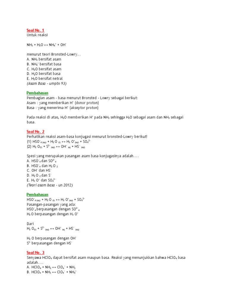 Soal Teori Bronsted Lowry Dan Asam Basa Konjugasi