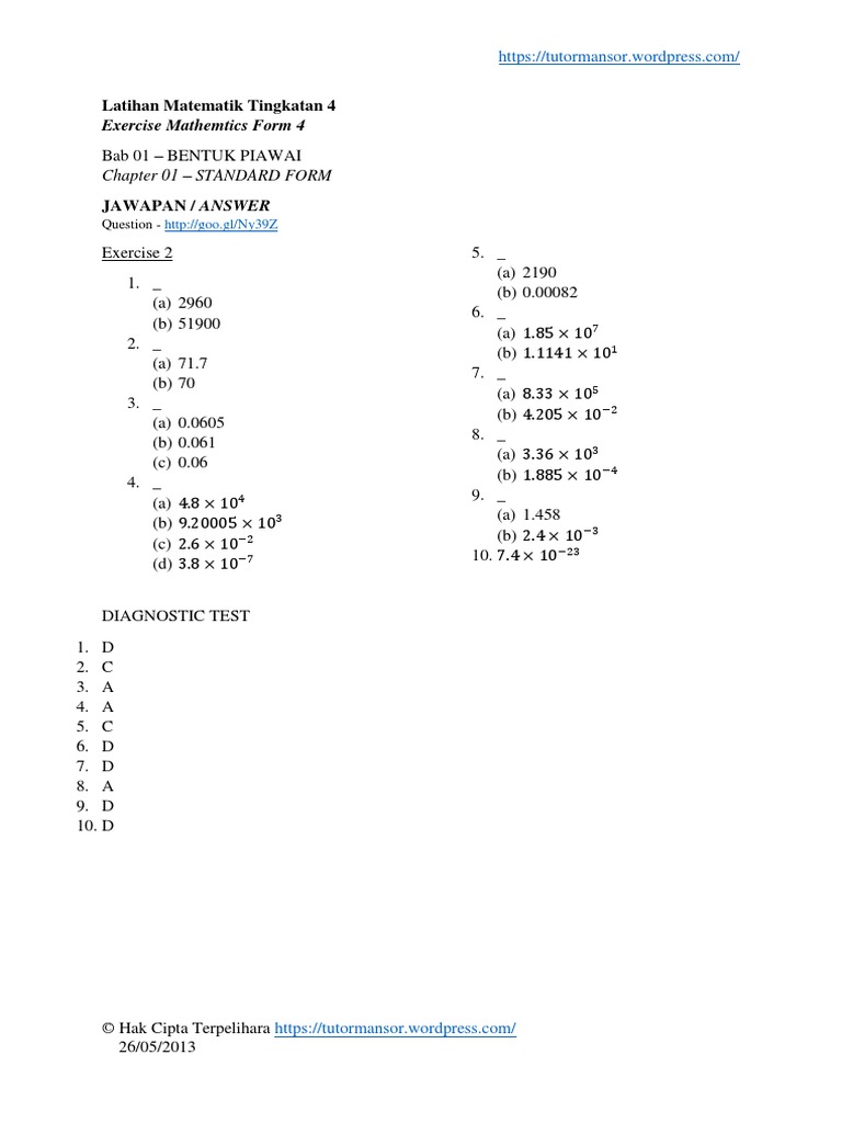 Latihan Matematik Tingkatan 4 Standard Form | PDF | Teaching Methods ...