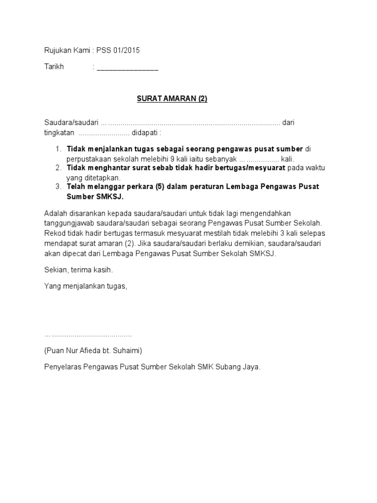 Contoh Surat Amaran Lewat Hadir Bertugas