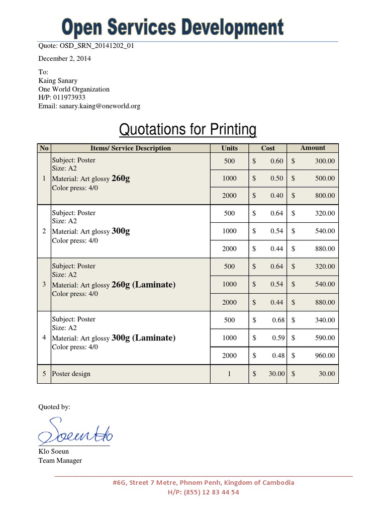Printing Quote for A2 Posters | PDF