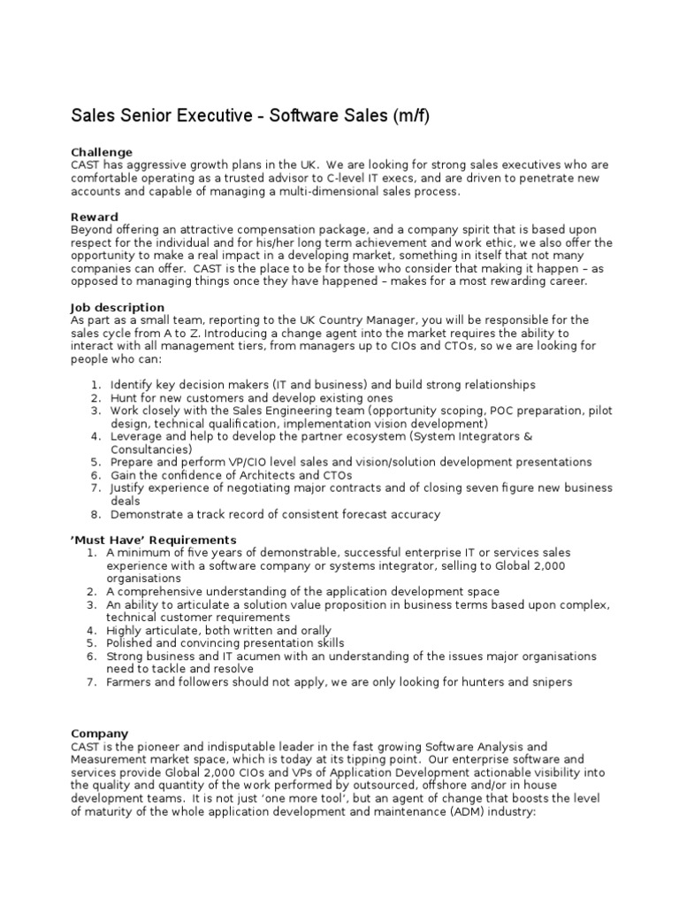 Senior Software Sales Executive Role | PDF | Sales | Software Development