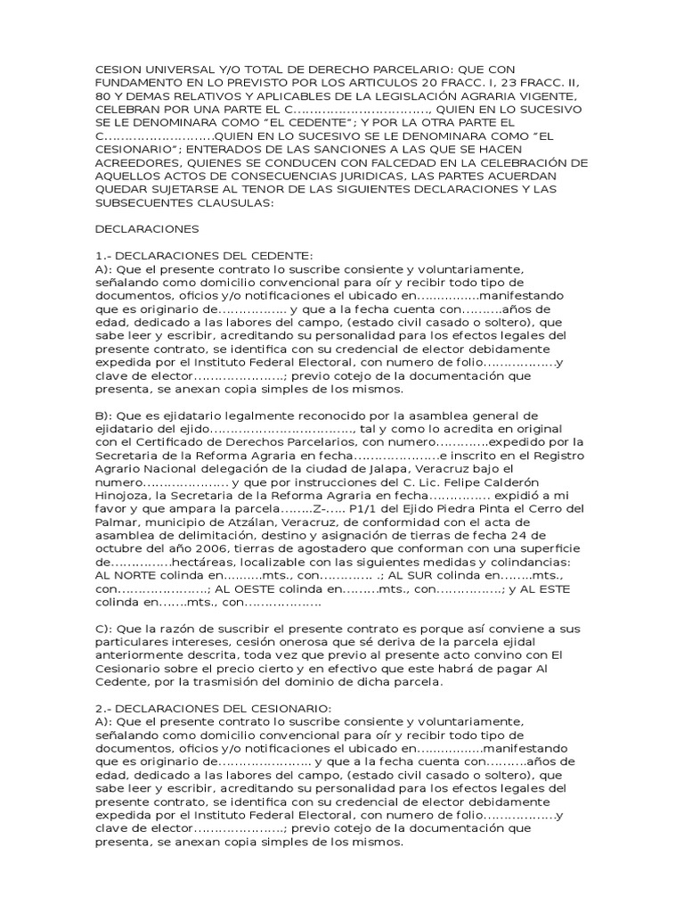 Formato Cesion de Derechos Parcelarios Ley común Política