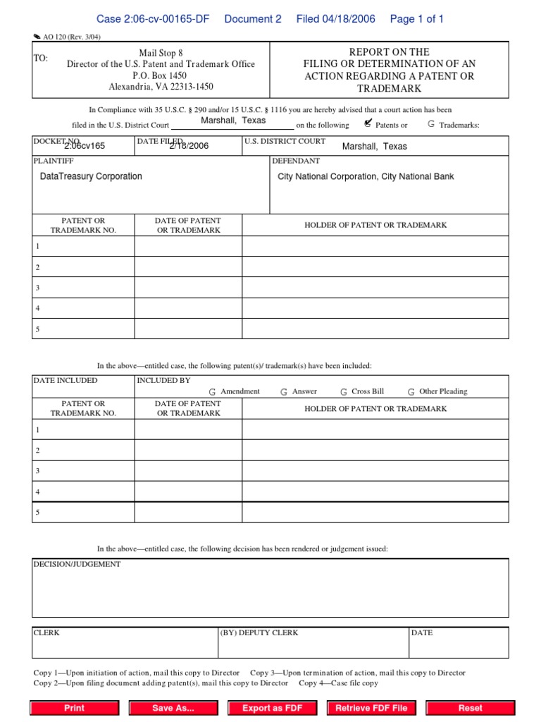 Datatreasury Corporation v. City National Corporation Et Al - Document ...