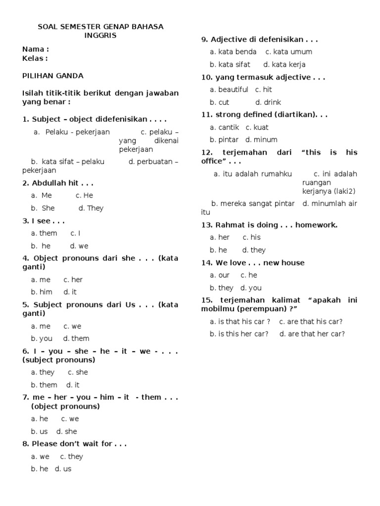 Soal Pilihan Ganda Pronoun Mencari Soal