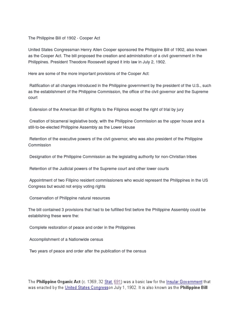 The Philippine Bill of 1902 Constitutional Law Virtue